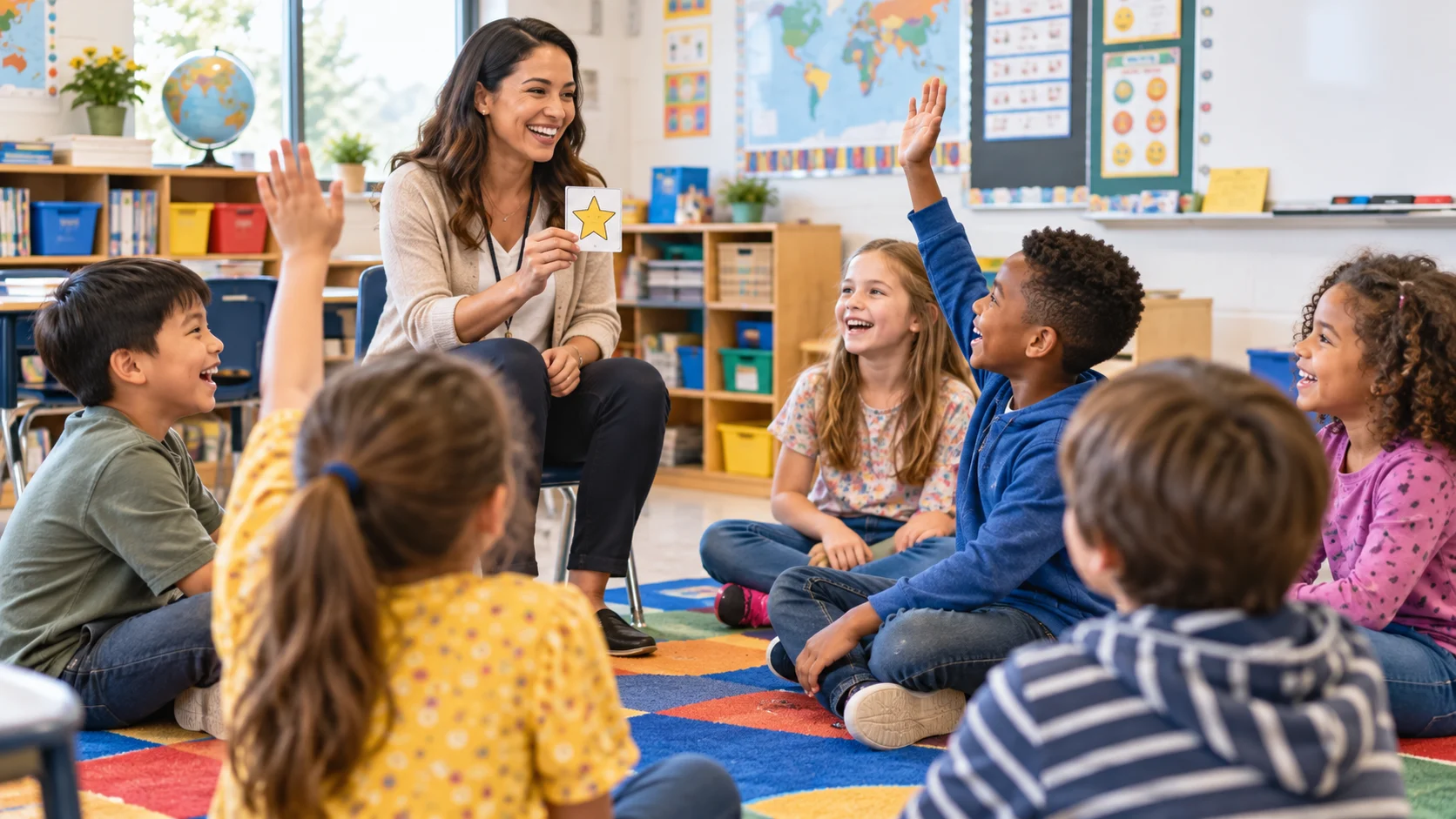 Teacher leading elementary students in a fun group classroom game